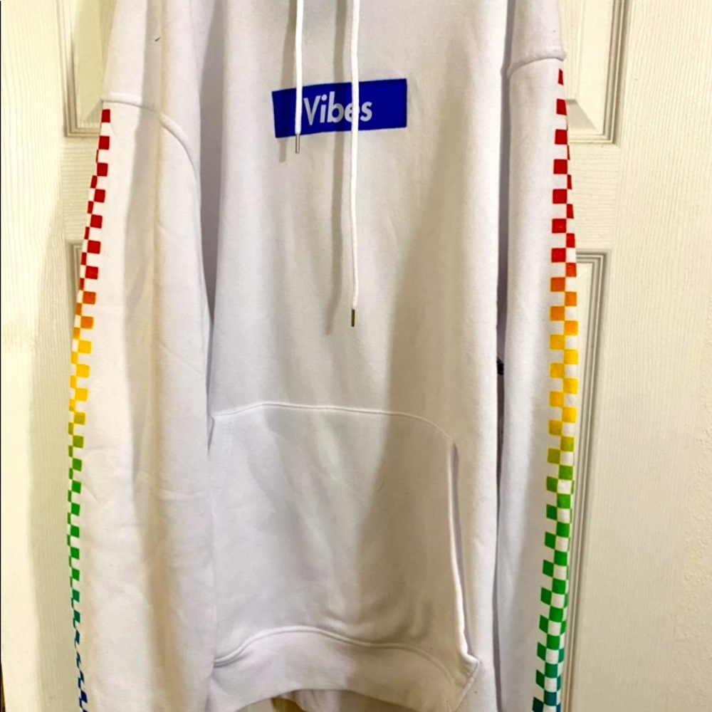 Brooklyn clothing 3xl white “vibes” hoodie with rainbow checkered print has tags